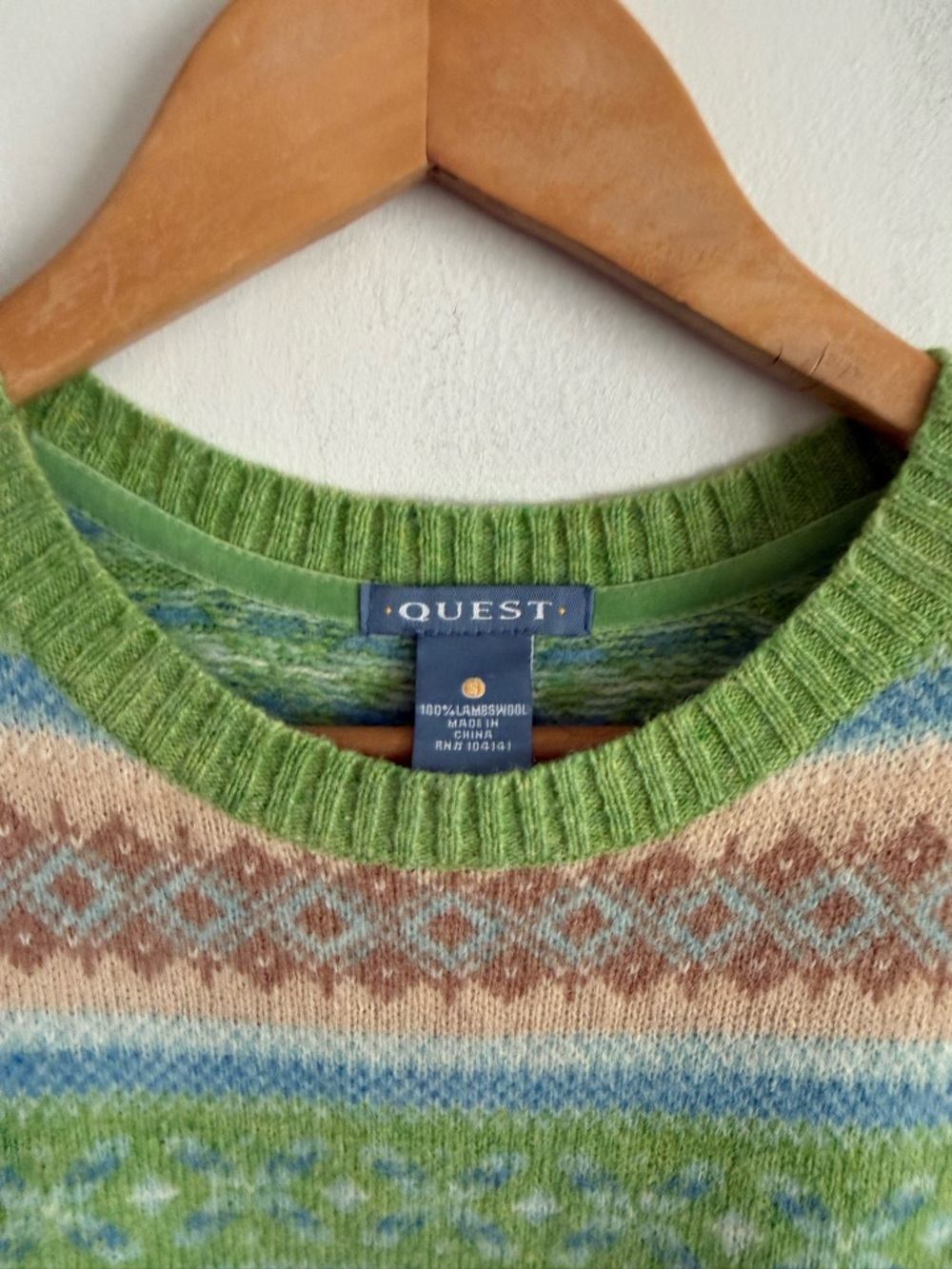 QUEST Fair Isle Wool Sweater – Green Multicolor Pattern (S) - Picture 2 of 5